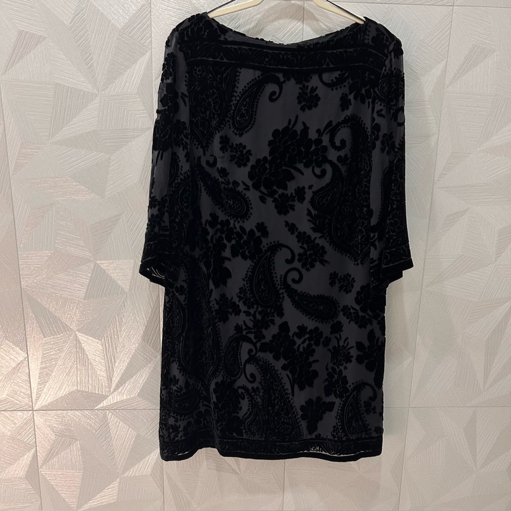 Donna Morgan Burnout Paisley Dress Black Rayon Silk Velvet Shift Lined Size 16 - Picture 2 of 9